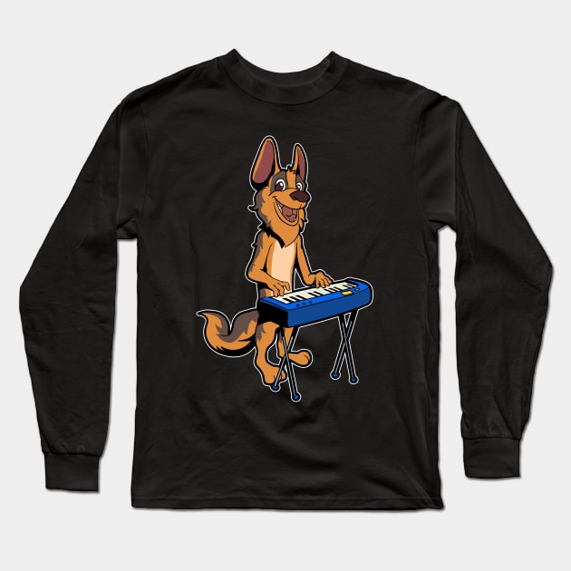 Cartoon german shepherd playing keyboard Long Sleeve T-Shirt by Modern Medieval Design